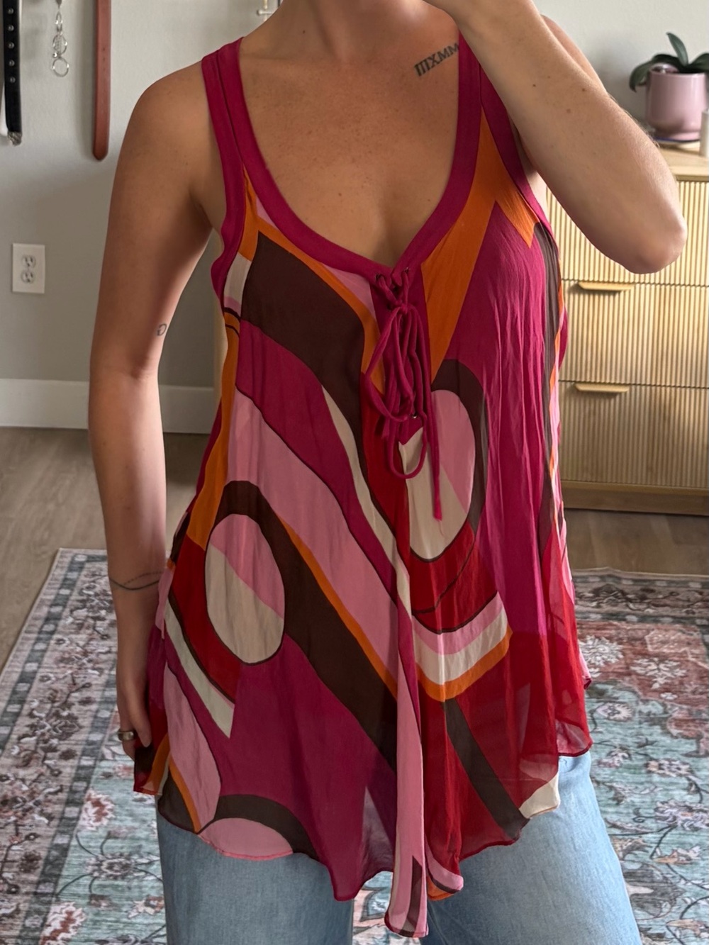 Mariano 100% Silk Abstract Lace Up Tank Top Medium